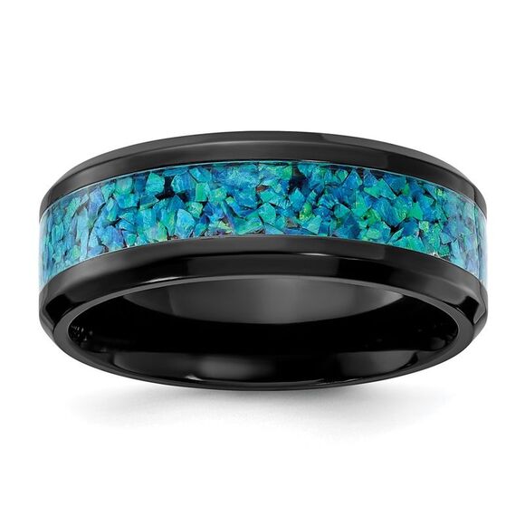 Kazi Luxury Chisel Black Zirconium Polished with Blue Opal Inlay 8.00mm Band